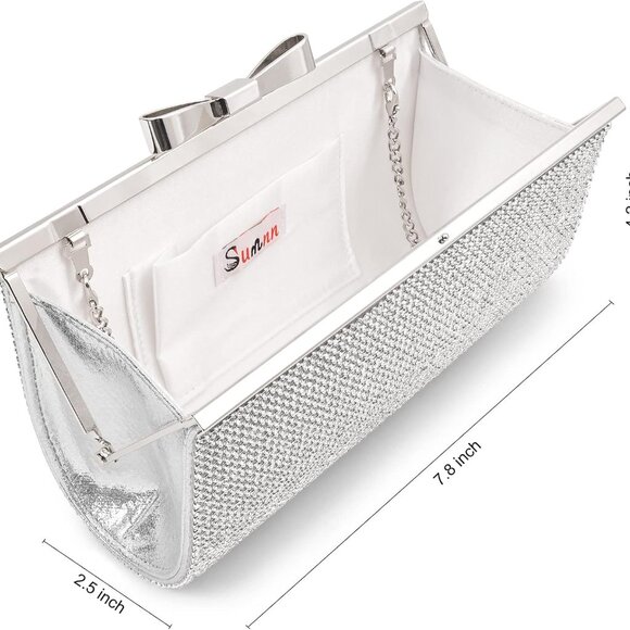 Evening Clutch Bag Rhinestone Crystal Satin Formal Wedding Prom Purse - Picture 4 of 9